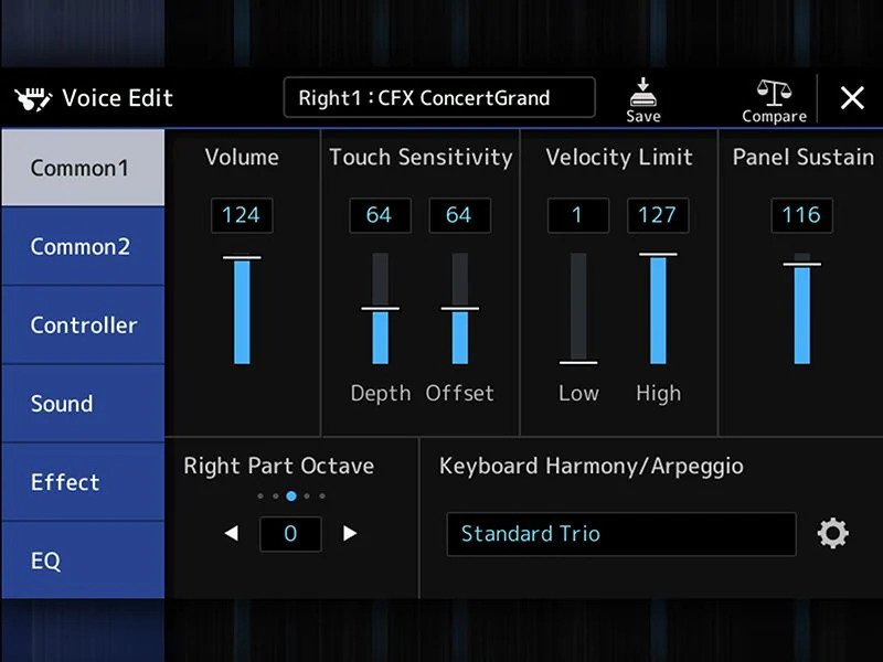 Yamaha Arranger Workstation PSR-SX920/720 Voice Edit screen